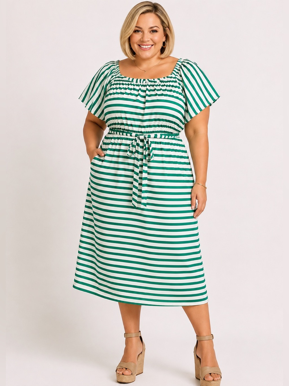 Lane Bryant Women’s Size 28 Green White Striped Midi Dress with Tie Waist